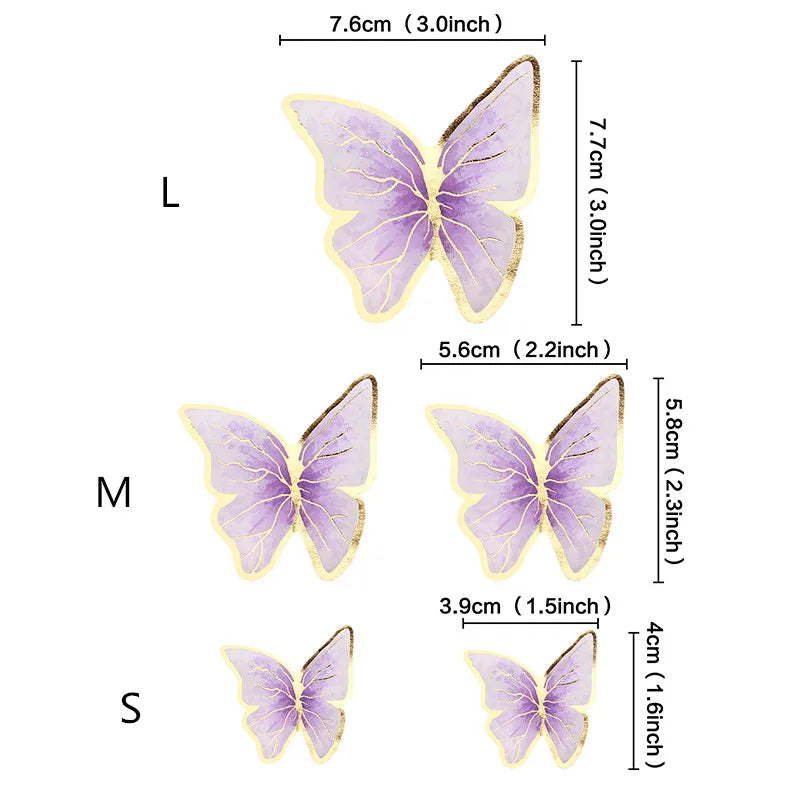 Three butterfly cake toppers in lavender and gold glitter, sized L, M, and S.