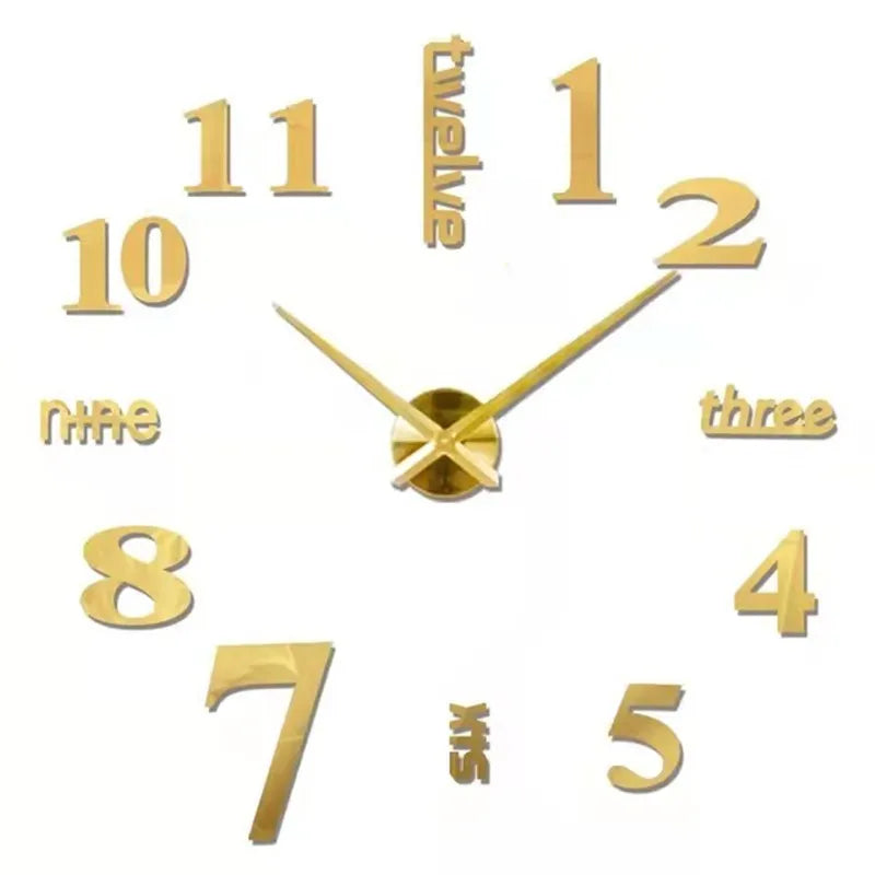 A modern 3D acrylic wall clock with DIY sticker numbers showing the time.