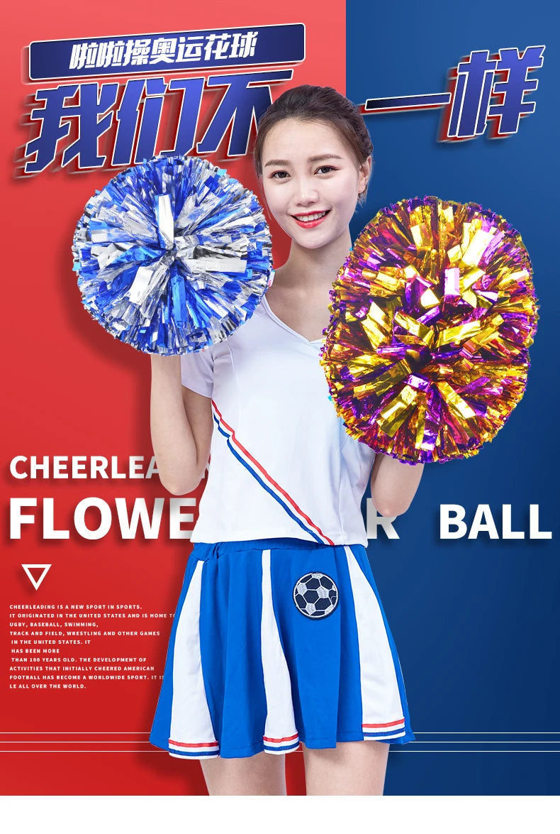 A young woman is holding two bright blue and yellow pom-poms, demonstrating cheerleading skills.