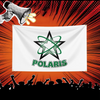 A white banner featuring a green star design and the word POLARIS on a red, radiating background.