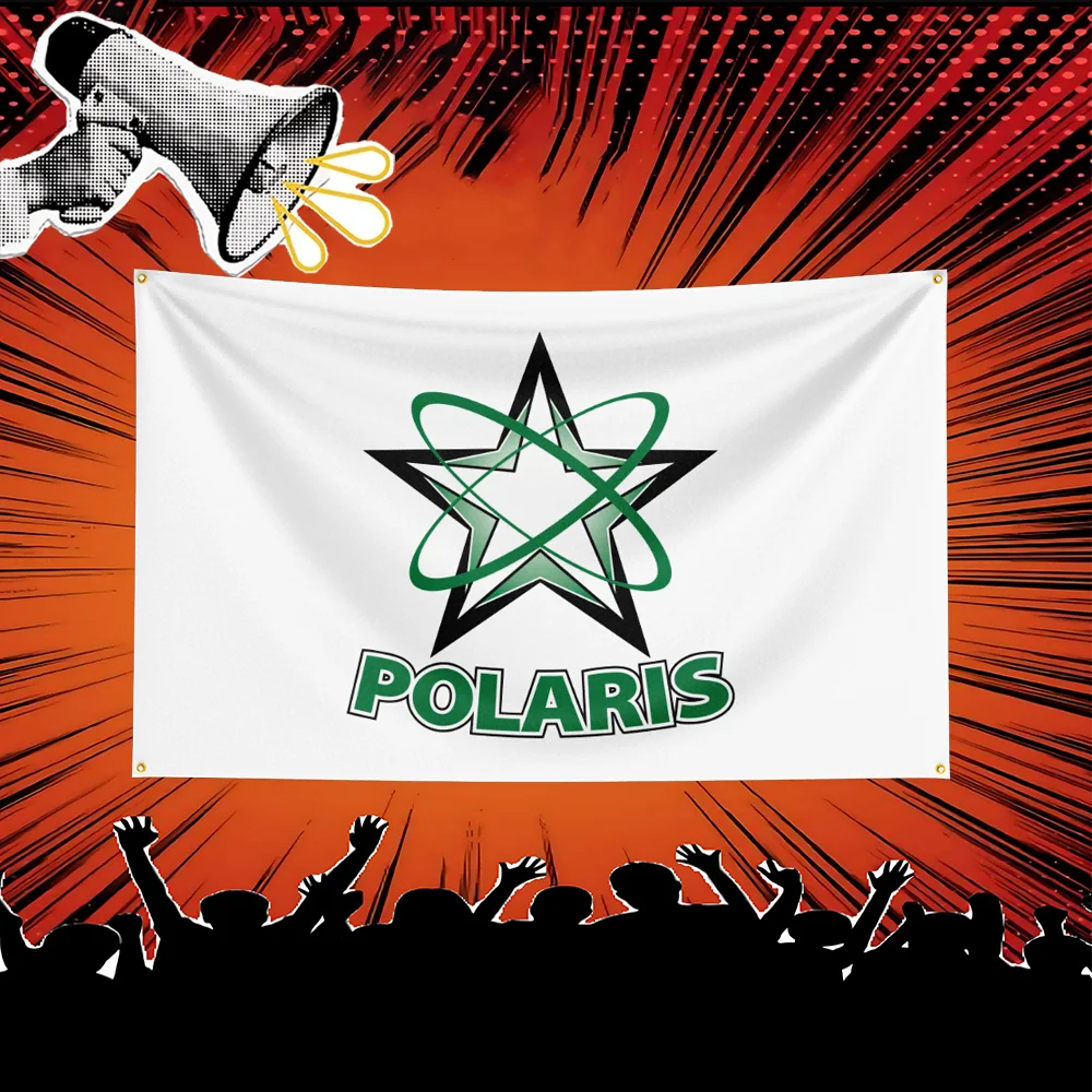 A white banner featuring a green star design and the word POLARIS on a red, radiating background.