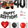 A set of red and black foil number balloons, heart shaped balloons, and round balloons for birthday decorations.