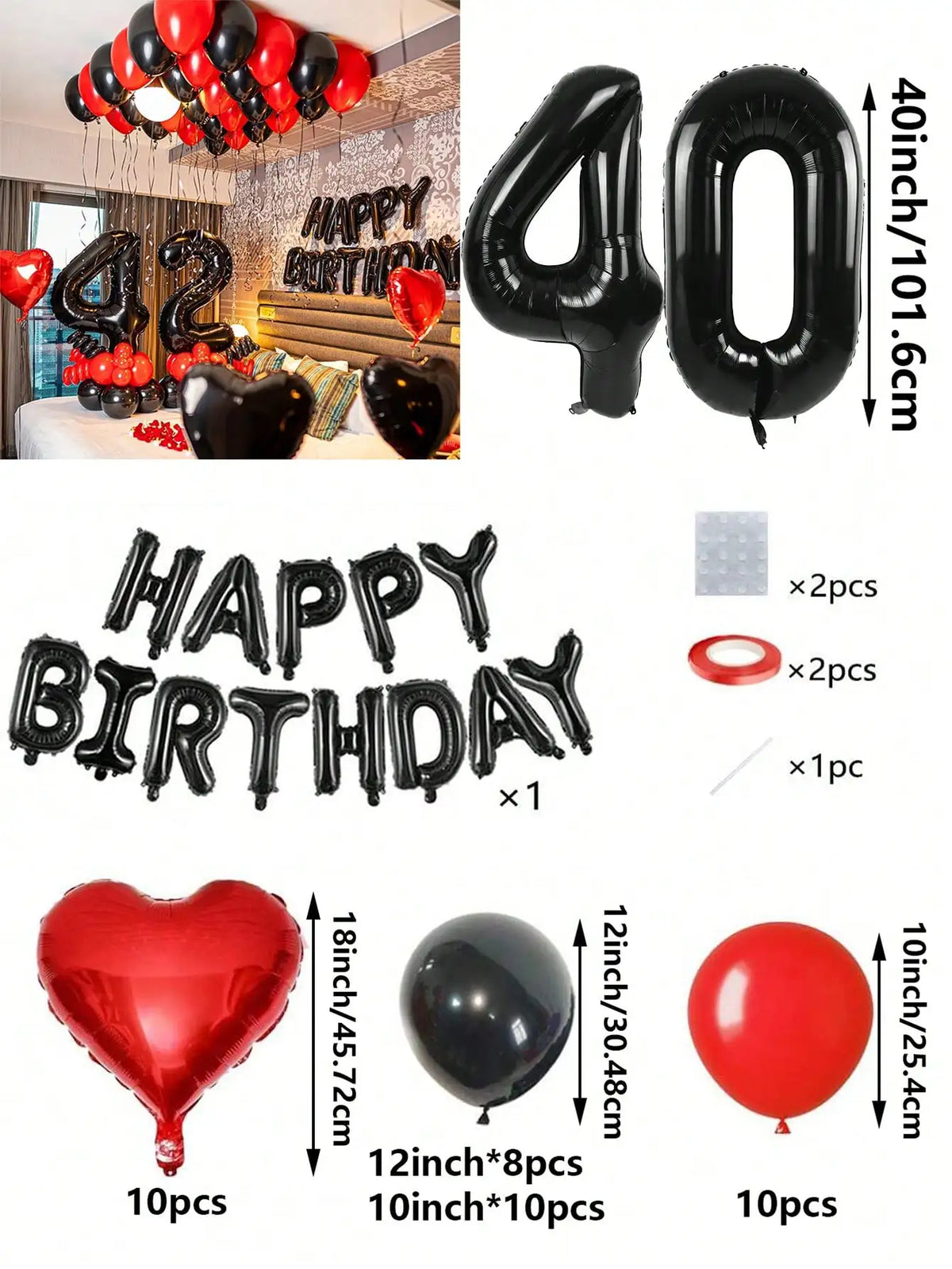 A set of red and black foil number balloons, heart shaped balloons, and round balloons for birthday decorations.