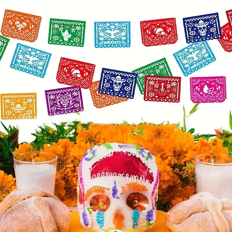 A vibrant papel picado bunting set featuring colorful, intricate cut paper decorations for fiestas and celebrations.