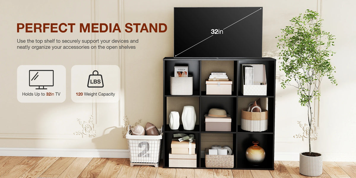 A black wooden media stand with open shelves and compartments used to organize electronics and accessories.