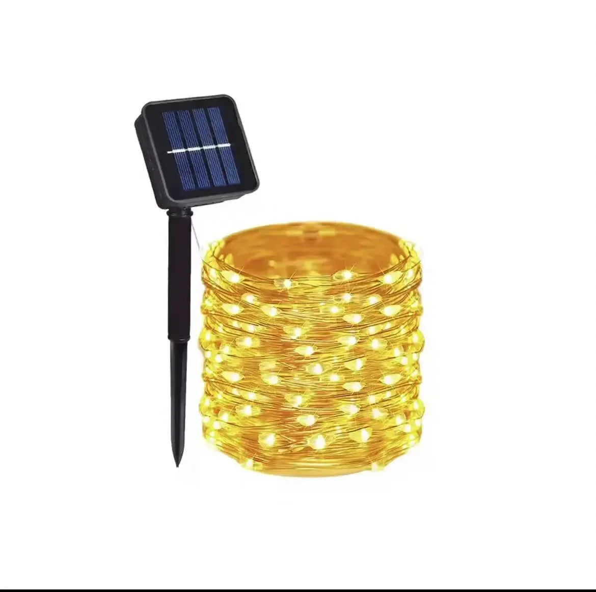 A bundle of warm yellow fairy lights is shown next to a small solar panel for outdoor garden décor.