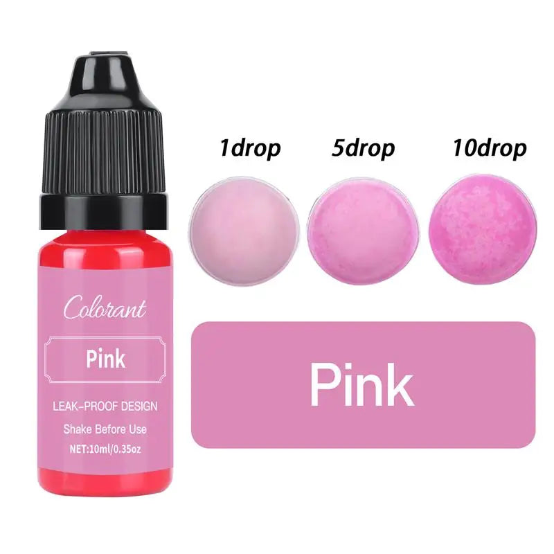 A bottle of pink liquid colorant with dropper tips for candle wax, showing 1, 5, and 10 drop sizes.