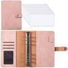 A pink leather planner binder with a cover, interior sheets, and cash envelopes.