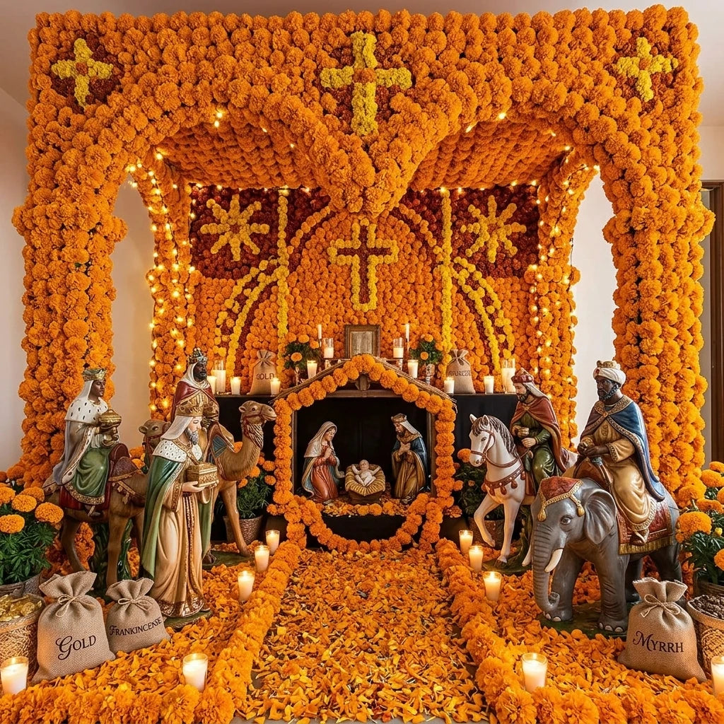 An elaborate altar decorated with artificial marigold flowers and stems for Day of the Dead celebrations.