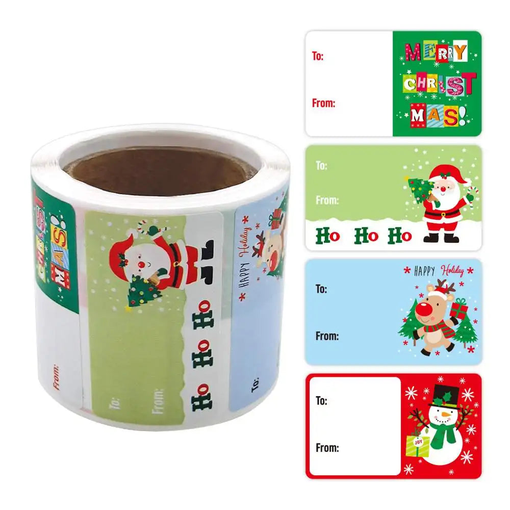 A roll of Christmas gift tags stickers featuring holiday greetings like Merry Christmas and Happy Holiday