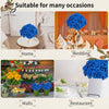 Set of 30 artificial blue rose flowers with stems shown in various contexts like home, wedding, malls, and restaurant