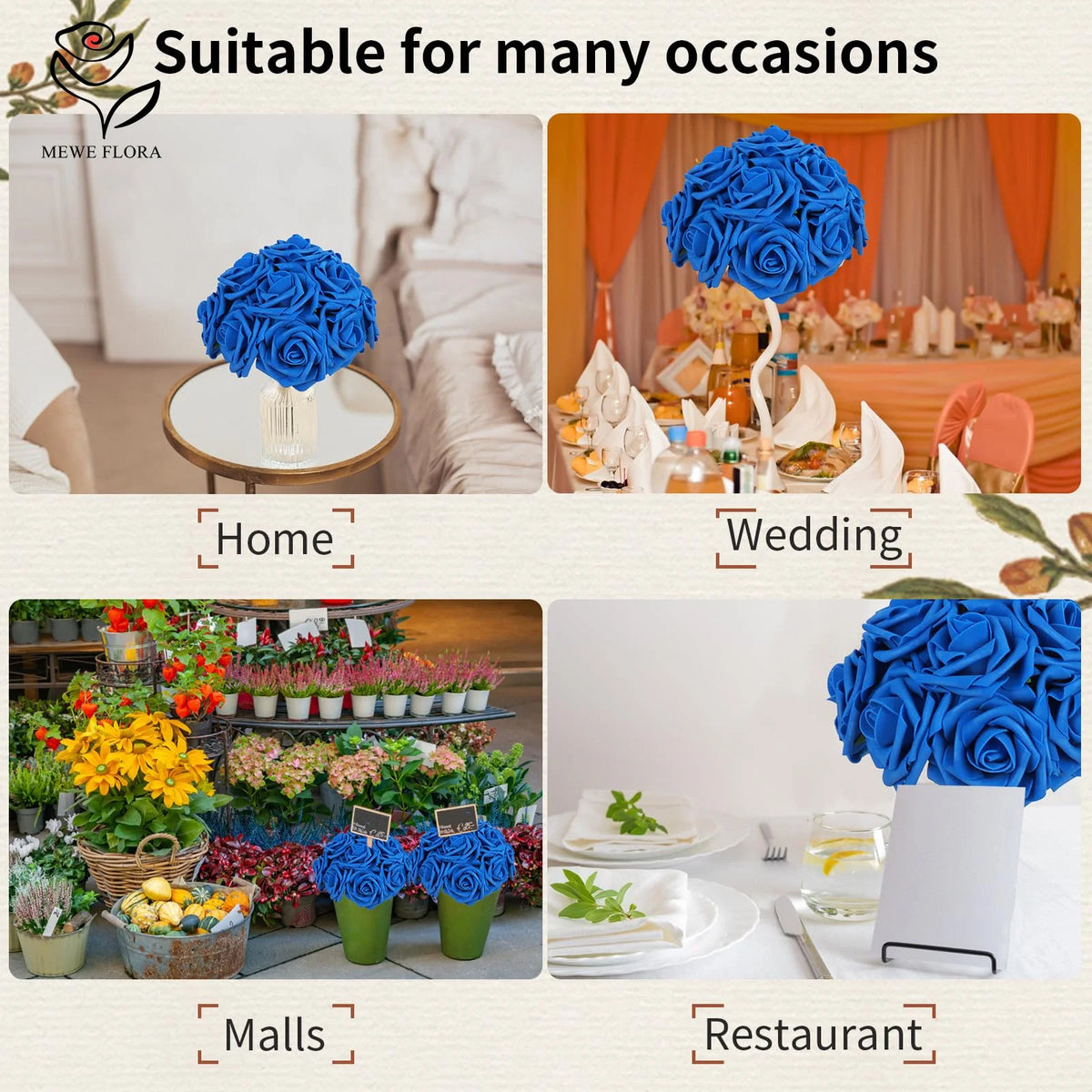 Set of 30 artificial blue rose flowers with stems shown in various contexts like home, wedding, malls, and restaurant