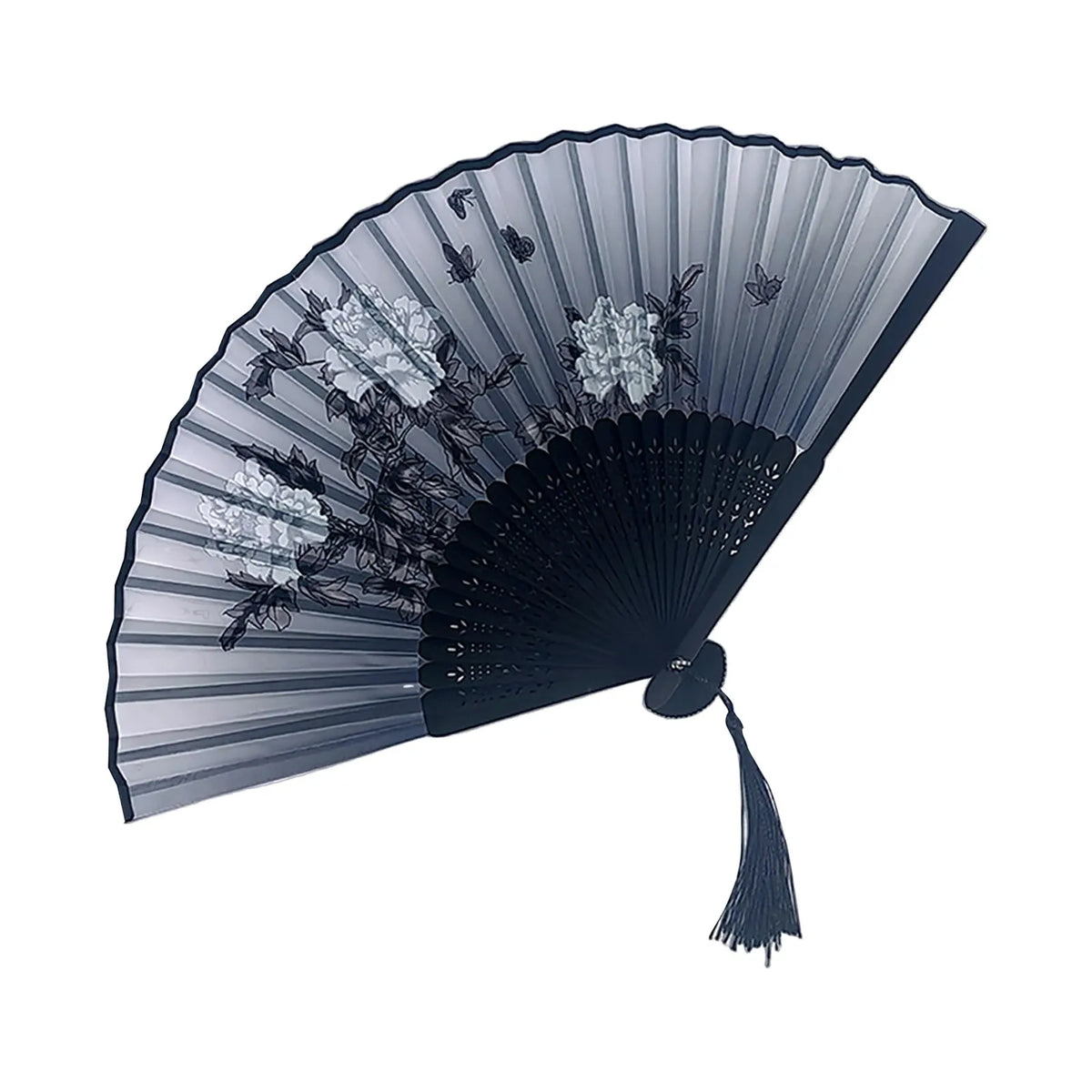 A vintage bamboo folding fan with gray fabric and black floral designs, shown open.