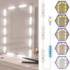 A vanity mirror featuring an LED light strip, control panel, and multiple color modes displayed in various angles.