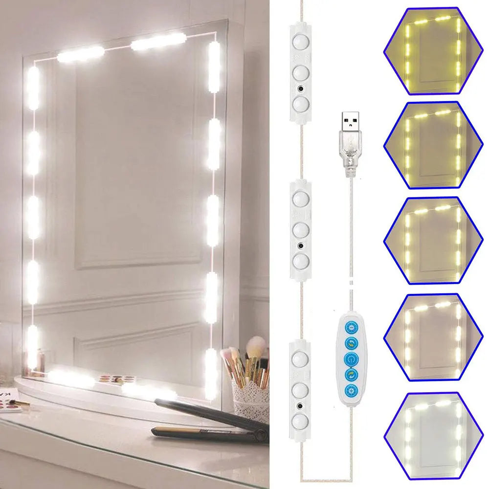 A vanity mirror featuring an LED light strip, control panel, and multiple color modes displayed in various angles.