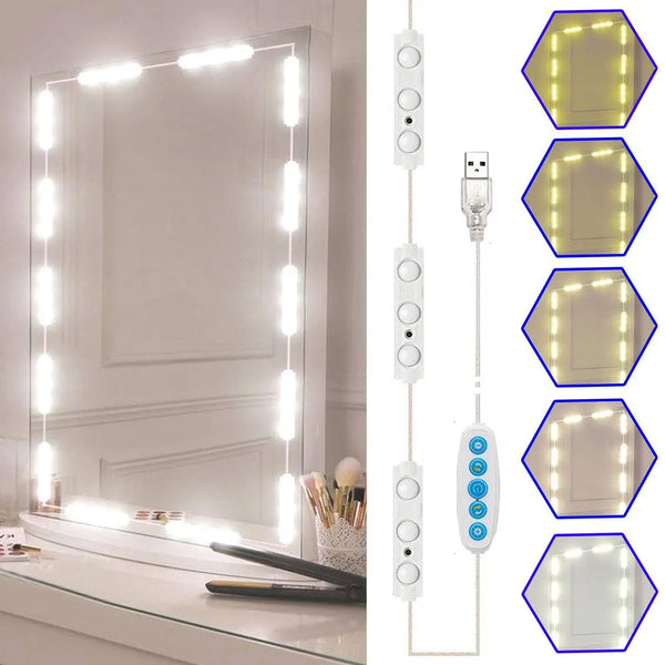 A vanity mirror featuring an LED light strip, control panel, and multiple color modes displayed in various angles.