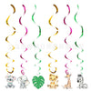 Jungle safari birthday decor set featuring various animal figures like a monkey elephant tiger giraffe and zebra
