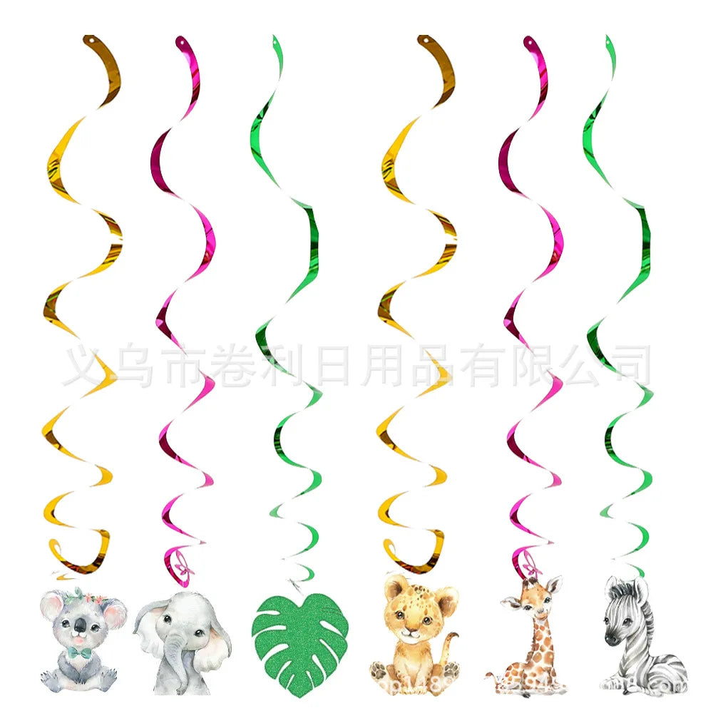 Jungle safari birthday decor set featuring various animal figures like a monkey elephant tiger giraffe and zebra