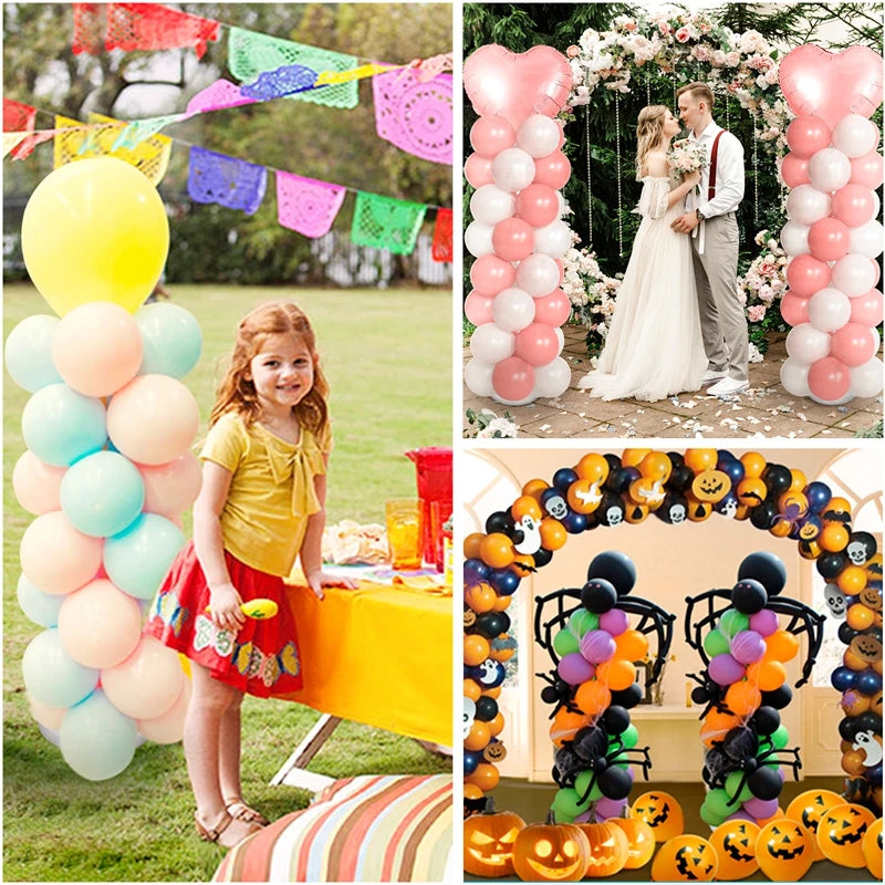 A display of pink and white balloons arranged in columns, featuring a bride and groom in a garden setting.