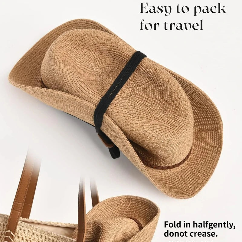 A tan straw wide brim sun hat is shown folded for travel, emphasizing its easy packing feature.