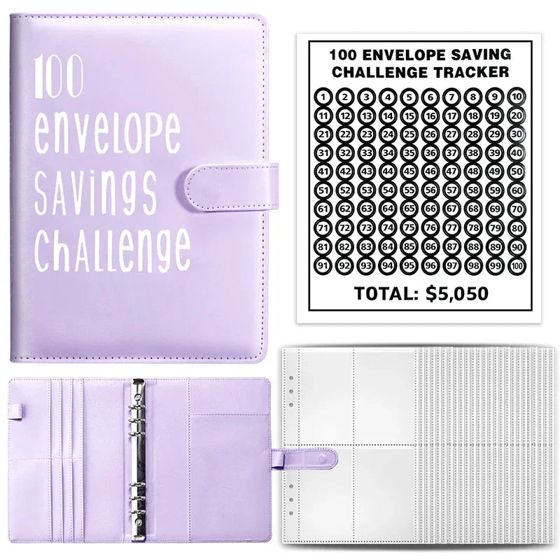 Un archivador A5 morado con una cubierta que muestra un rastreador de desafío de ahorro de 100 sobres y una funda de plástico