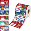 A roll of Christmas gift tag stickers featuring various holiday designs like Santa, reindeer, and festive scenes.
