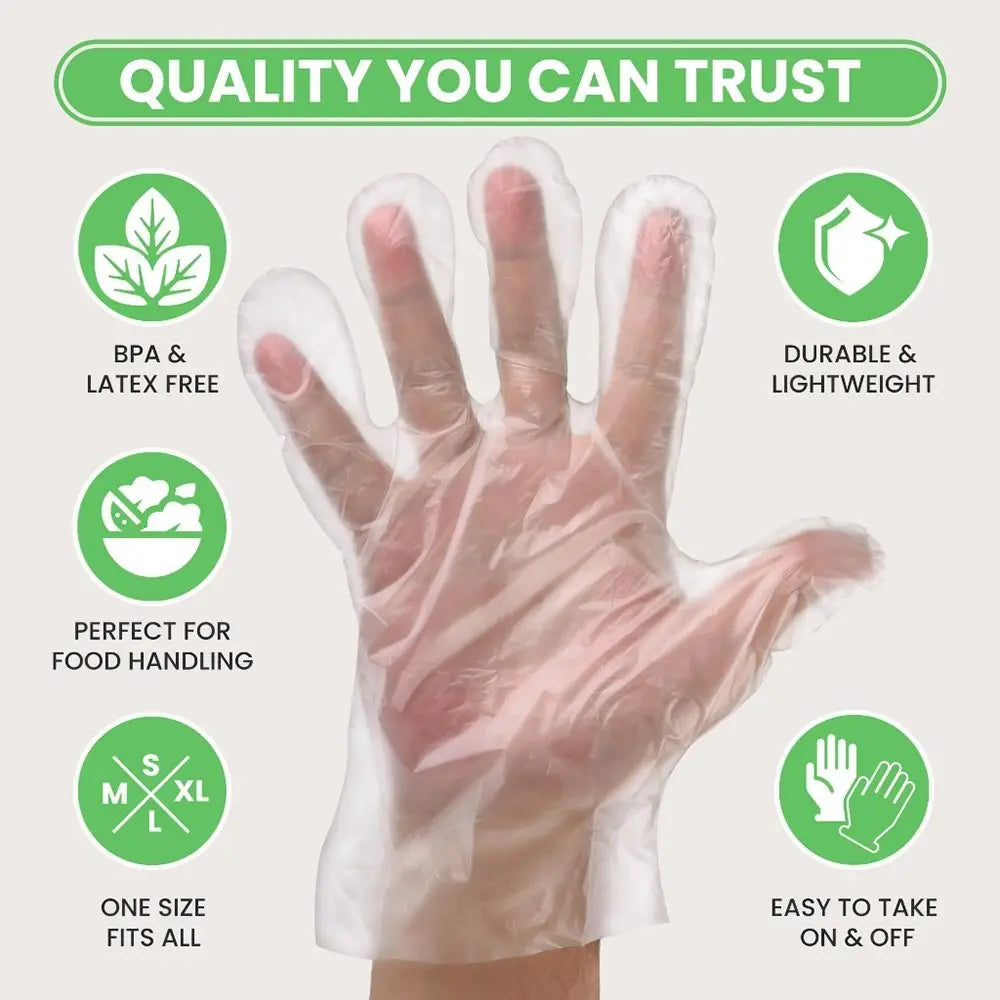 A hand wearing a clear disposable safety glove, highlighting its durability and ease of use.