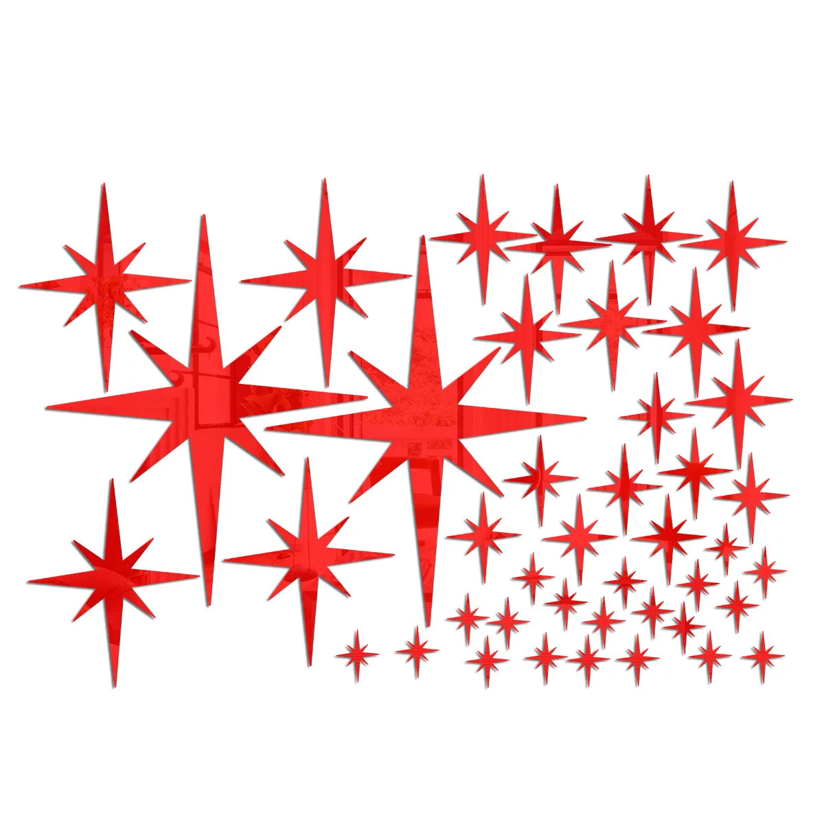 Red acrylic star mirror wall stickers arranged in a decorative pattern.