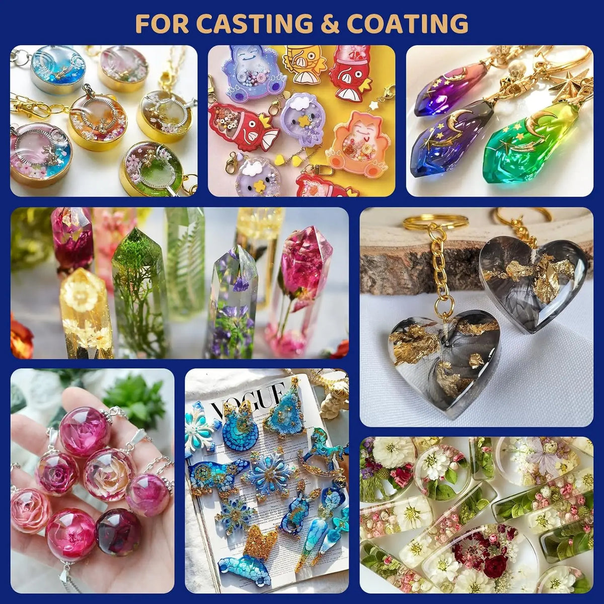 Assortment of colorful resin jewelry pieces and molds for casting and coating.