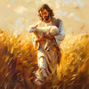 Oil painting of Jesus carrying a lamb through golden wheat fields.