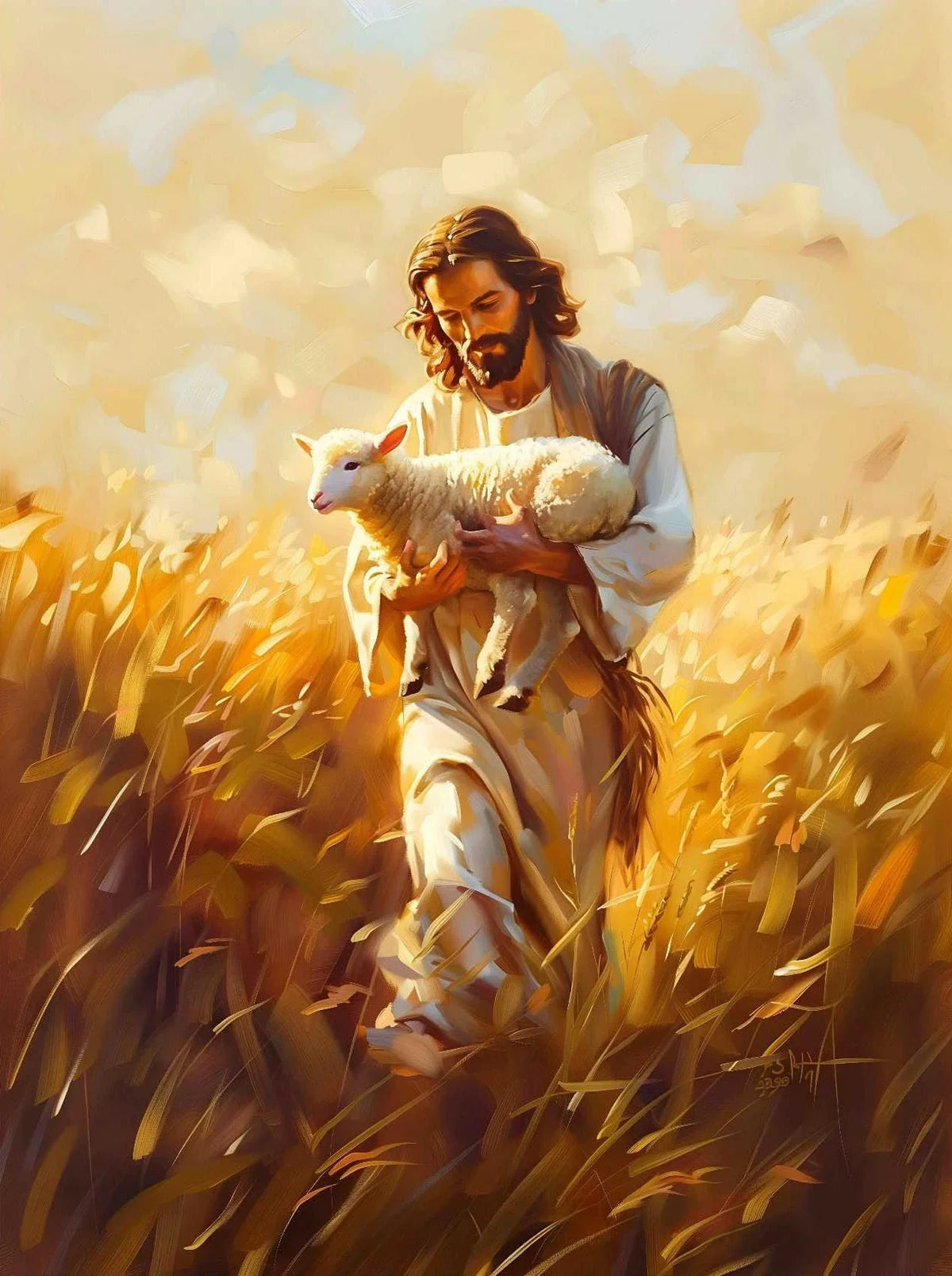 Oil painting of Jesus carrying a lamb through golden wheat fields.