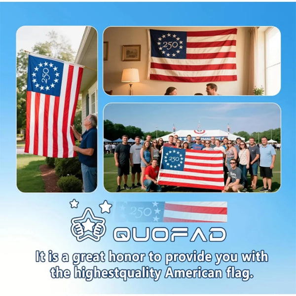 A patriotic banner featuring the American flag with 250 stars and stripes displayed in various settings.