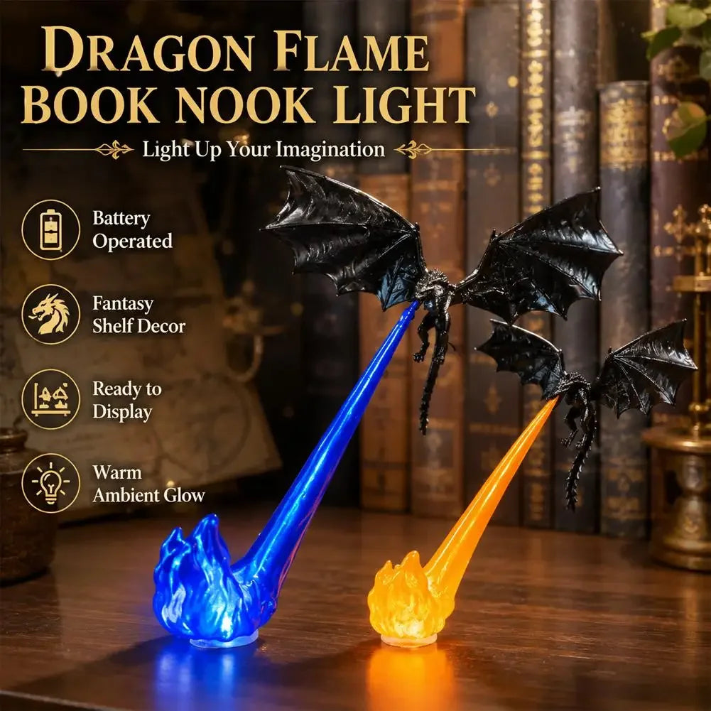 A blue and orange dragon flame light illuminates a dark wooden surface next to a stack of old books.