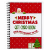 A red spiral bound booklet for a Merry Christmas gift card book featuring holiday designs and a Christmas tree.