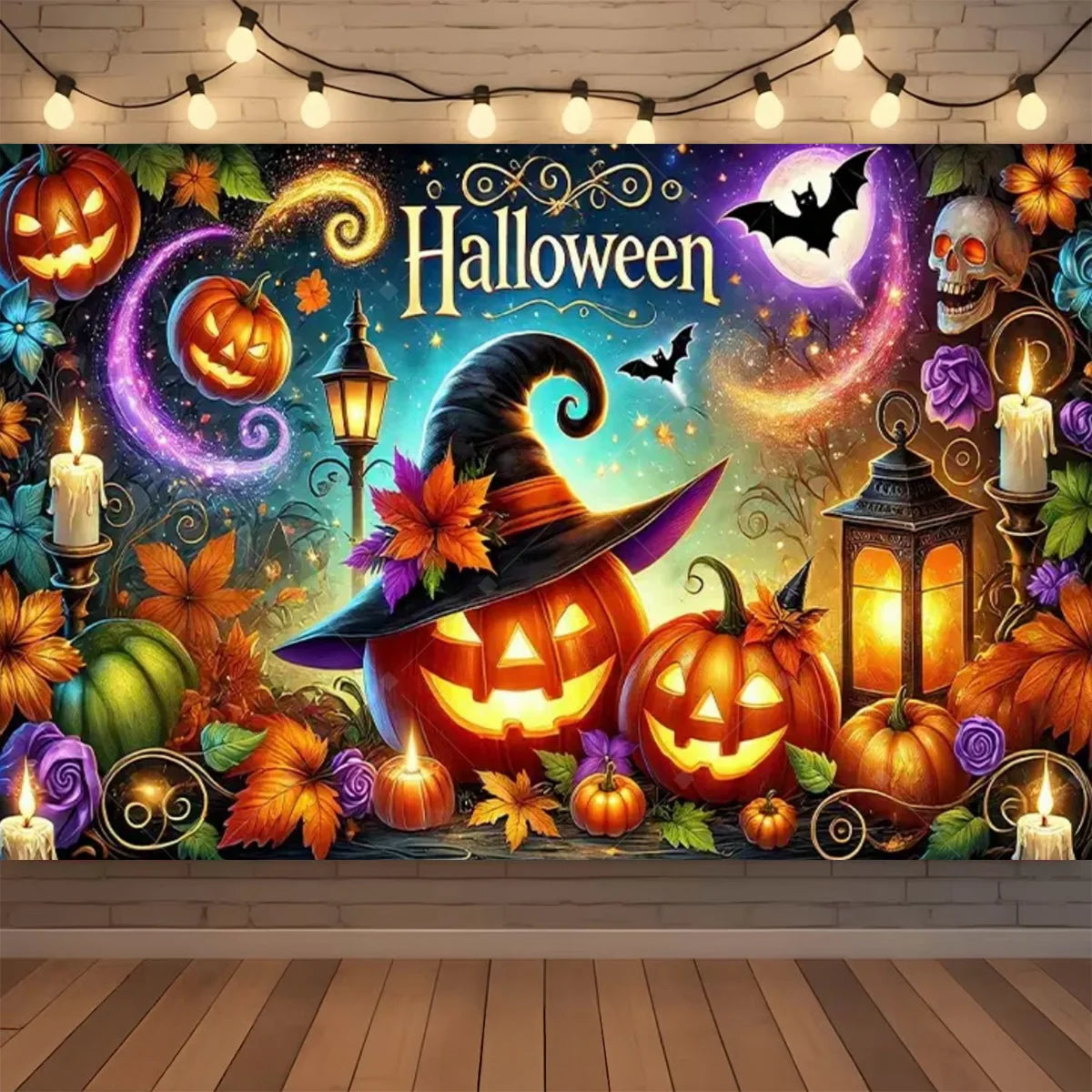 A vibrant Halloween neon backdrop featuring pumpkins, a bat, and a skull for a photo booth background.