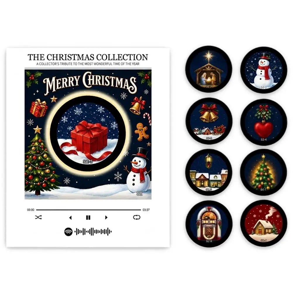 A collection of magnetic vinyl record night lights featuring Christmas and holiday themes.