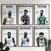 A grid of eight framed canvas wall art posters featuring basketball legends like Shea, Wembanyama, Tatum, Edwards, Morant, Ha