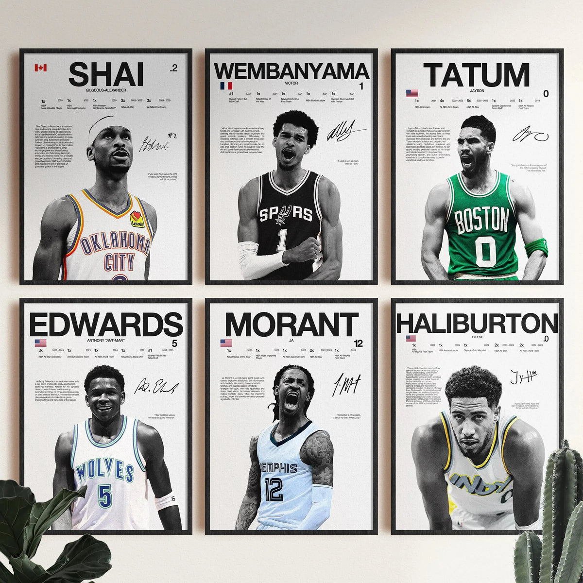 A grid of eight framed canvas wall art posters featuring basketball legends like Shea, Wembanyama, Tatum, Edwards, Morant, Ha