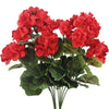 A bouquet of vibrant red silk begonia artificial flowers with green leaves.