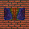 A colorful tapestry featuring symmetrical, stylized faces with vibrant rainbow stripes against a brick background.
