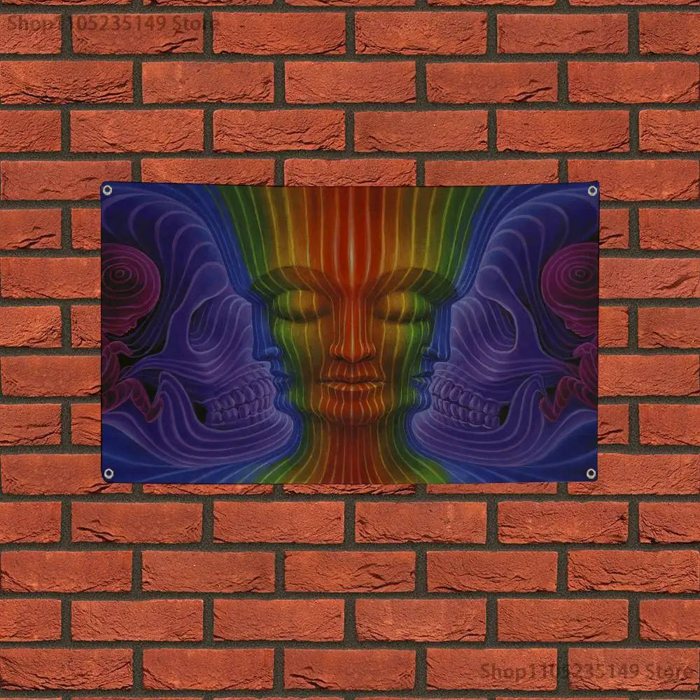 A colorful tapestry featuring symmetrical, stylized faces with vibrant rainbow stripes against a brick background.