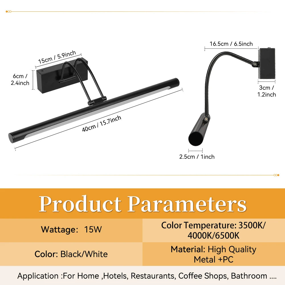 A black modern LED mirror light fixture with an adjustable arm and mounting bracket.