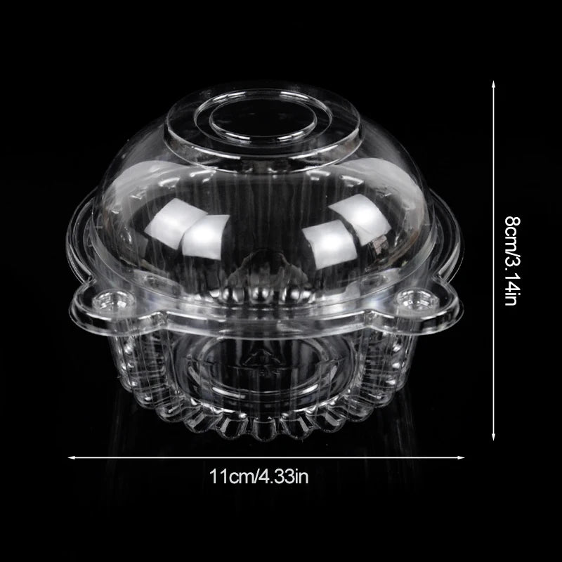 Clear plastic cupcake boxes with lids shown against a black background.