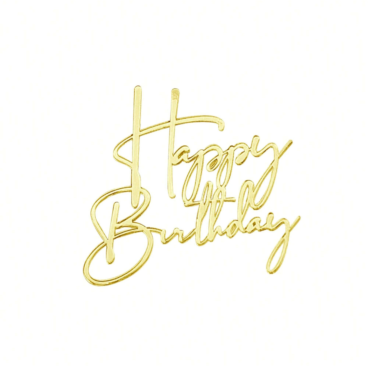 Gold acrylic happy birthday cake topper set in a cursive script font
