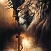 A dramatic canvas featuring a lion's head and a warrior figure silhouetted against a fiery background.