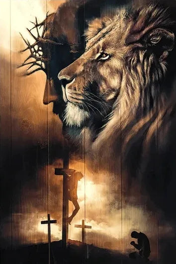 A dramatic canvas featuring a lion's head and a warrior figure silhouetted against a fiery background.