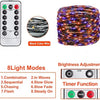 A set of black color wire fairy lights with a remote control and various light modes shown alongside adjustment options.