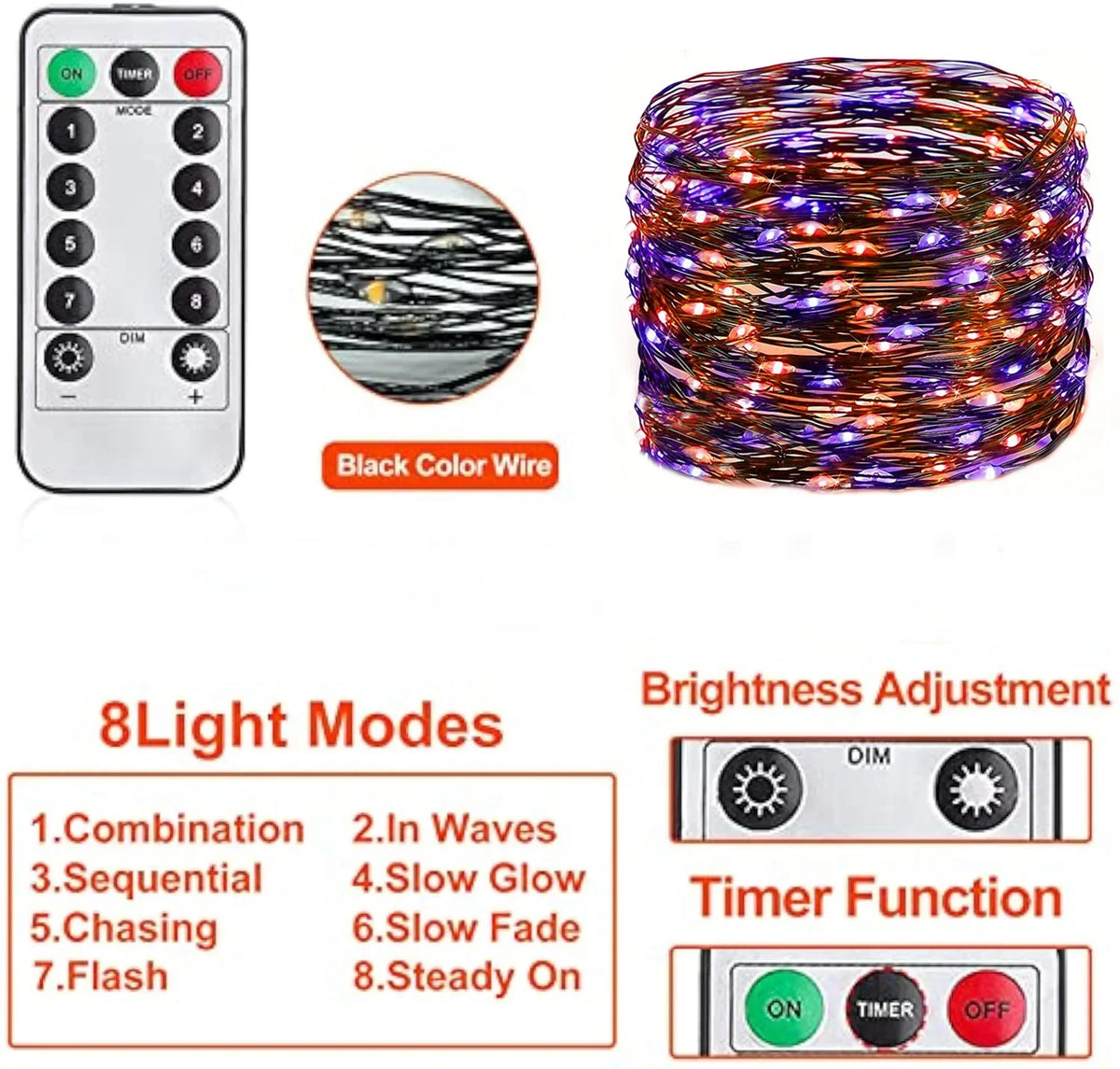 A set of black color wire fairy lights with a remote control and various light modes shown alongside adjustment options.