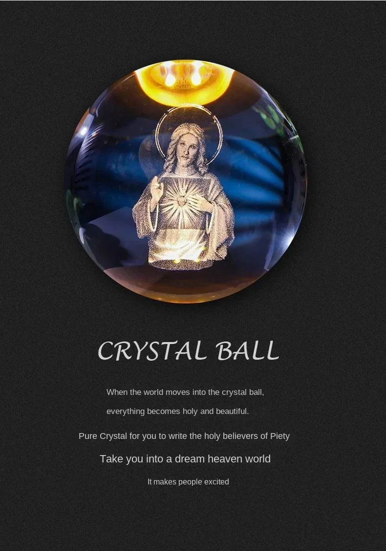 A crystal ball night light showing a glowing figure with a halo against a dark blue background.