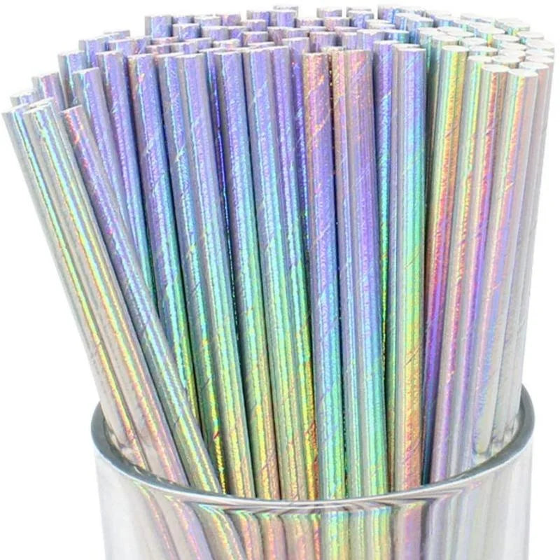 A close-up view of a pack of iridescent, biodegradable paper drinking straws.